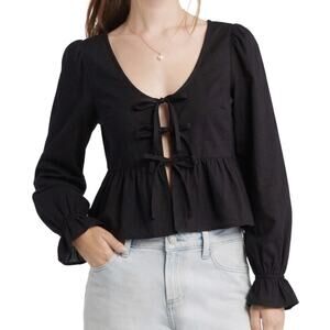 BP. Nordstrom Top Womens S Black Tie Front Scoop Neck Cotton Poplin Peplum NWT